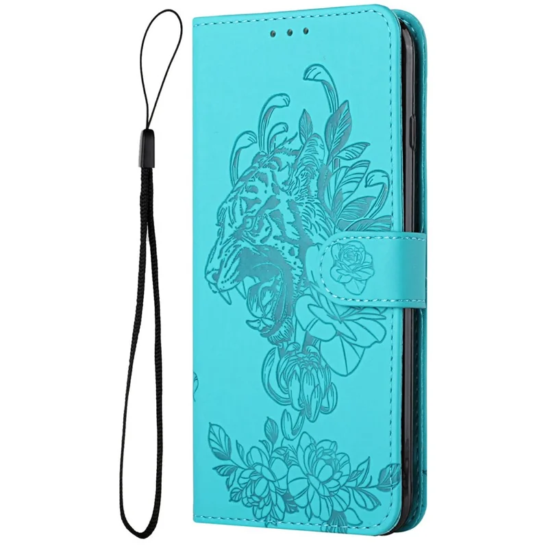 Für Das Iphone 14 6,1 Zoll PU Leder Hülle Brieftaschenstand Funktion Tigerkopf Eingeprägter Flip -abdeckung Mit Handgelenkriemen - Baby Blau