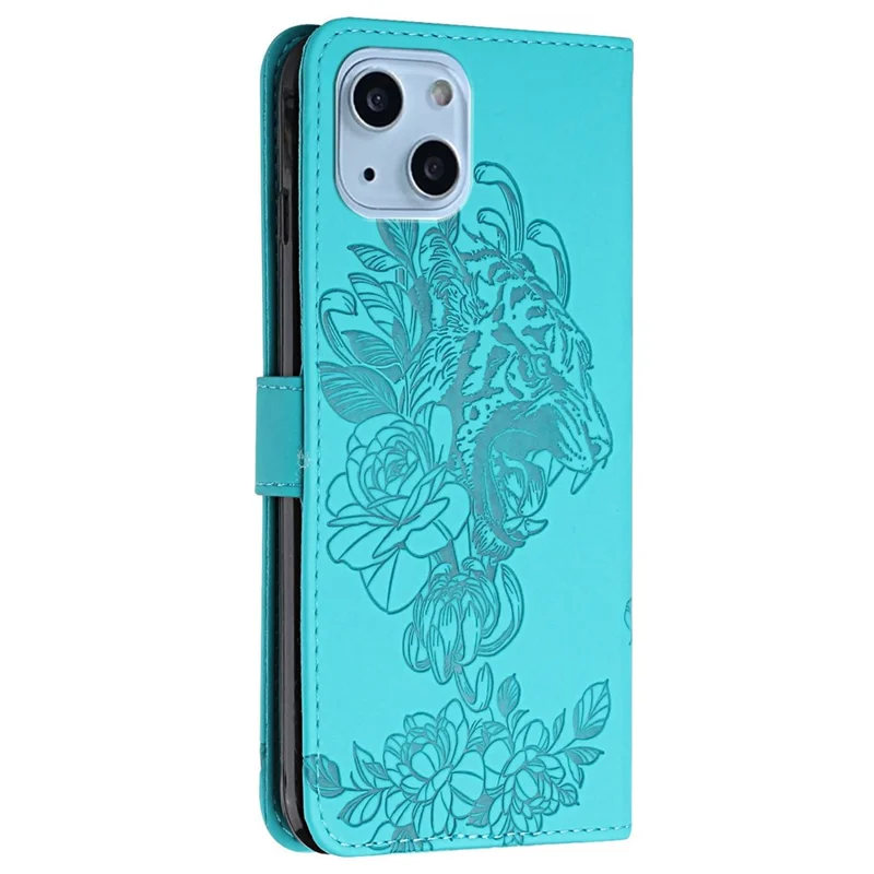 Für Das Iphone 14 6,1 Zoll PU Leder Hülle Brieftaschenstand Funktion Tigerkopf Eingeprägter Flip -abdeckung Mit Handgelenkriemen - Baby Blau