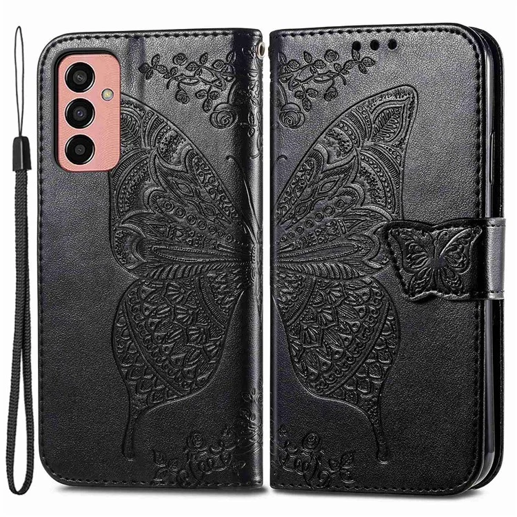 Para Samsung Galaxy M13 4G PU Soporte de Cuero Case Collision Prueba Imprimida Patrón de Mariposa Cubierta de Teléfono Celular - Negro