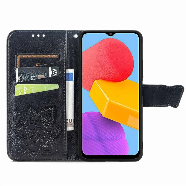 Para Samsung Galaxy M13 4G PU Soporte de Cuero Case Collision Prueba Imprimida Patrón de Mariposa Cubierta de Teléfono Celular - Negro