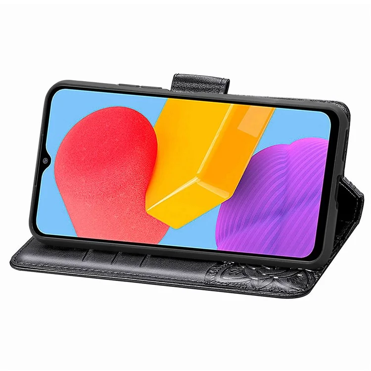 Para Samsung Galaxy M13 4G PU Soporte de Cuero Case Collision Prueba Imprimida Patrón de Mariposa Cubierta de Teléfono Celular - Negro