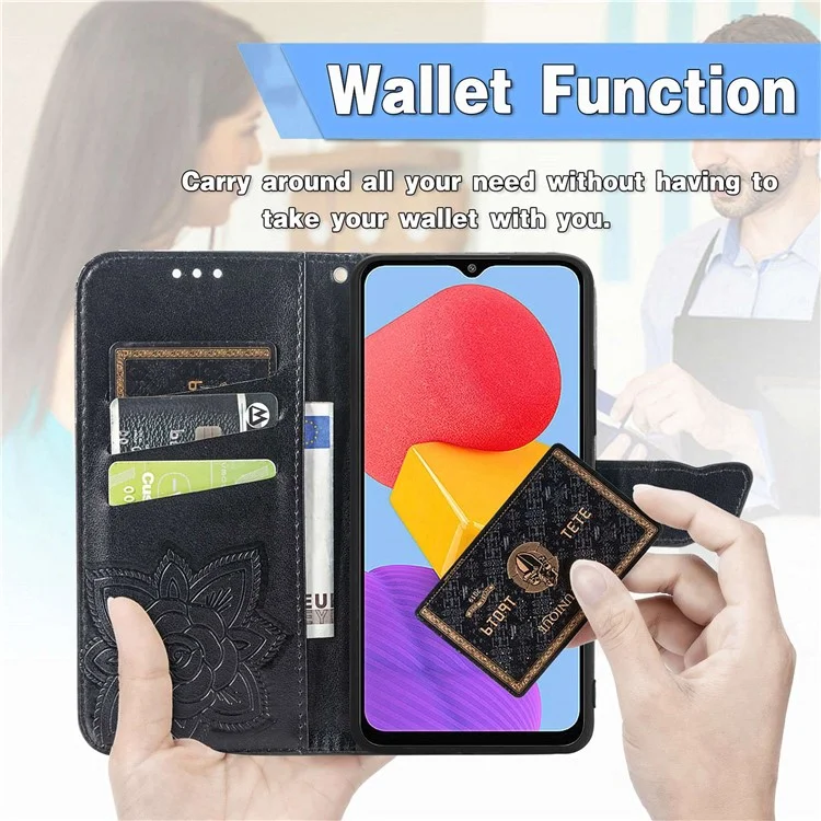 Para Samsung Galaxy M13 4G PU Soporte de Cuero Case Collision Prueba Imprimida Patrón de Mariposa Cubierta de Teléfono Celular - Negro