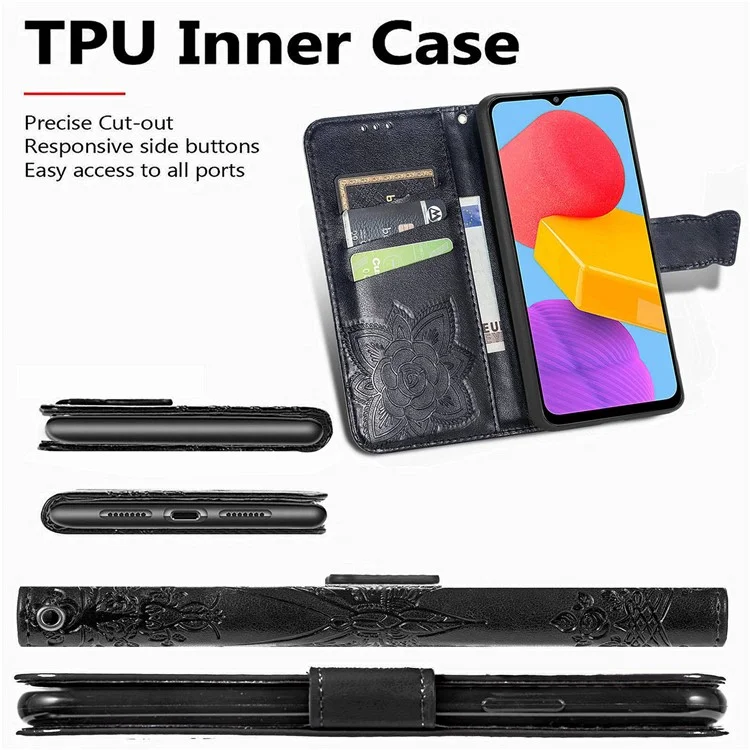 Para Samsung Galaxy M13 4G PU Soporte de Cuero Case Collision Prueba Imprimida Patrón de Mariposa Cubierta de Teléfono Celular - Negro