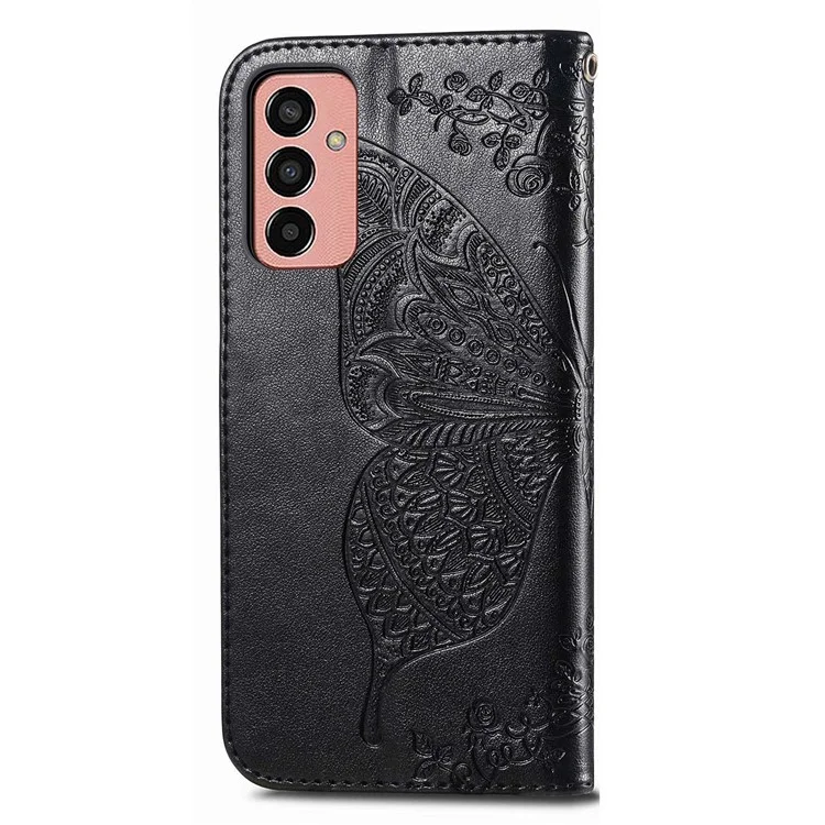 Para Samsung Galaxy M13 4G PU Soporte de Cuero Case Collision Prueba Imprimida Patrón de Mariposa Cubierta de Teléfono Celular - Negro