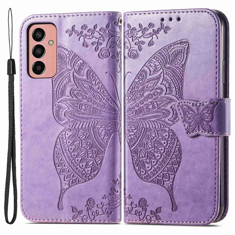 For Samsung Galaxy M13 4G PU Leather Stand Wallet Case Collision Proof Imprinted Butterfly Pattern Cell Phone Cover - Light Purple