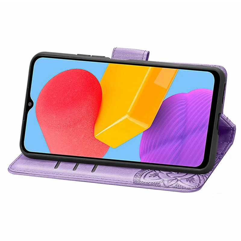 For Samsung Galaxy M13 4G PU Leather Stand Wallet Case Collision Proof Imprinted Butterfly Pattern Cell Phone Cover - Light Purple