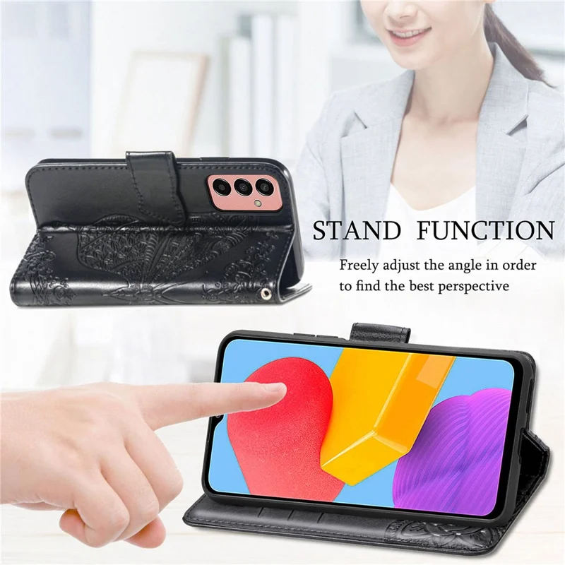 For Samsung Galaxy M13 4G PU Leather Stand Wallet Case Collision Proof Imprinted Butterfly Pattern Cell Phone Cover - Light Purple