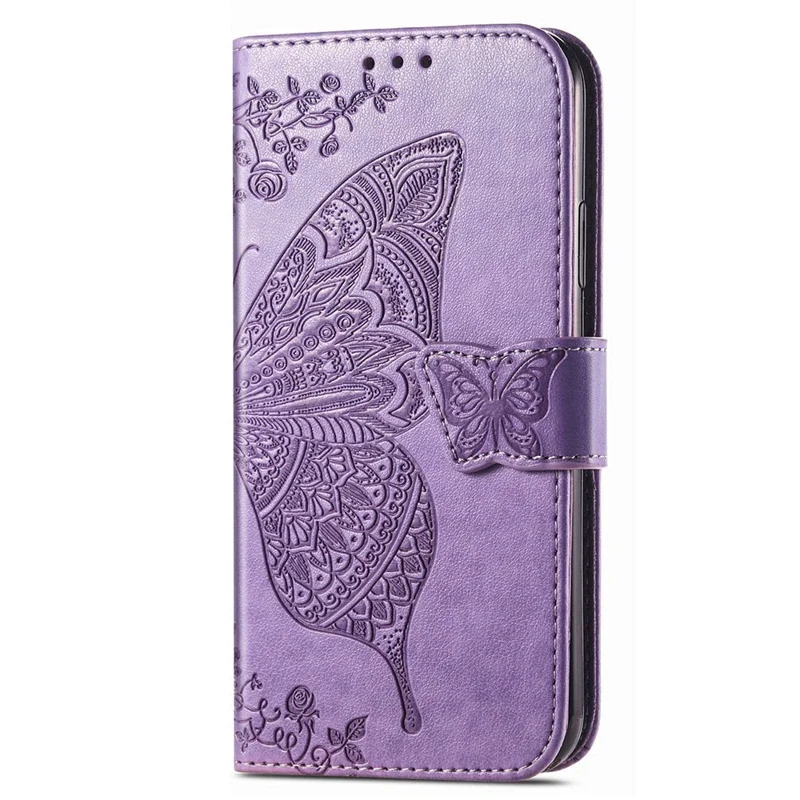 For Samsung Galaxy M13 4G PU Leather Stand Wallet Case Collision Proof Imprinted Butterfly Pattern Cell Phone Cover - Light Purple