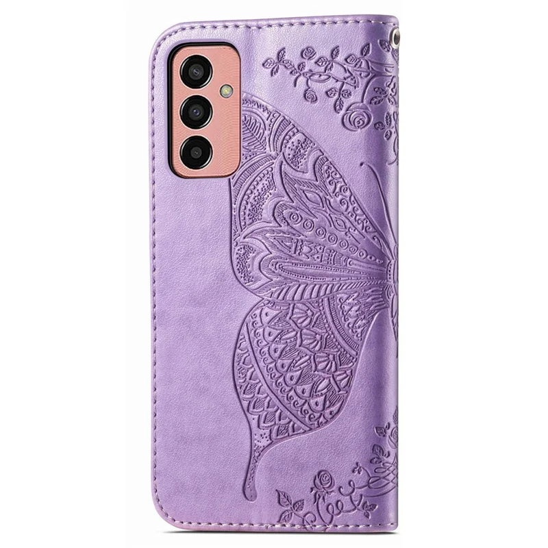 For Samsung Galaxy M13 4G PU Leather Stand Wallet Case Collision Proof Imprinted Butterfly Pattern Cell Phone Cover - Light Purple