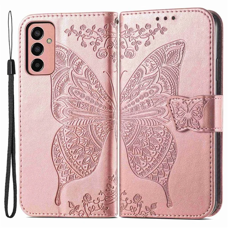 For Samsung Galaxy M13 4G PU Leather Stand Wallet Case Collision Proof Imprinted Butterfly Pattern Cell Phone Cover - Rose Gold