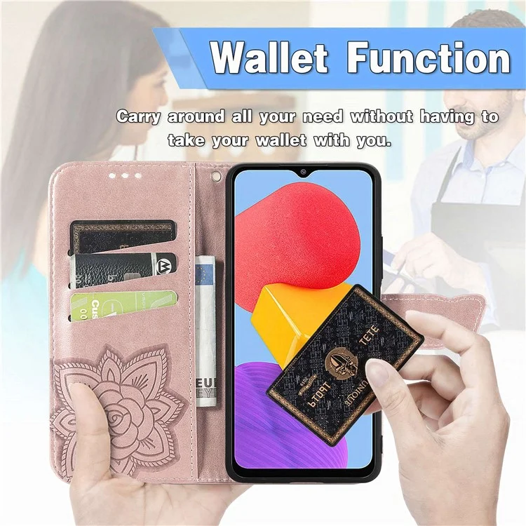 Pour Samsung Galaxy M13 4G PU le Cuir Stand Portefeuille Collision Collision Patché à Papillon Imprimé Couverture de Téléphone Portable - or Rose