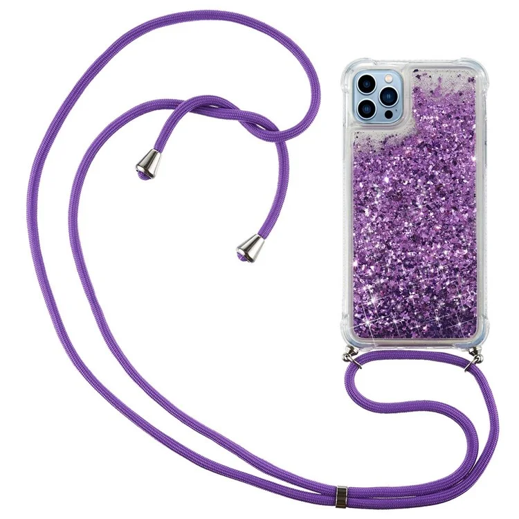 For iPhone 14 Pro Max 6.7 inch Quicksand Glitter Case Soft TPU Corners Cushion Phone Cover with Adjustable Lanyard - Purple