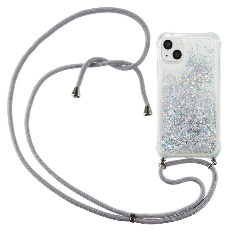 For iPhone 14 6.1 inch Glitter Flowing Liquid Floating Phone Case Quicksand Clear Soft TPU Protective Cover with Adjustable Lanyard - Silver