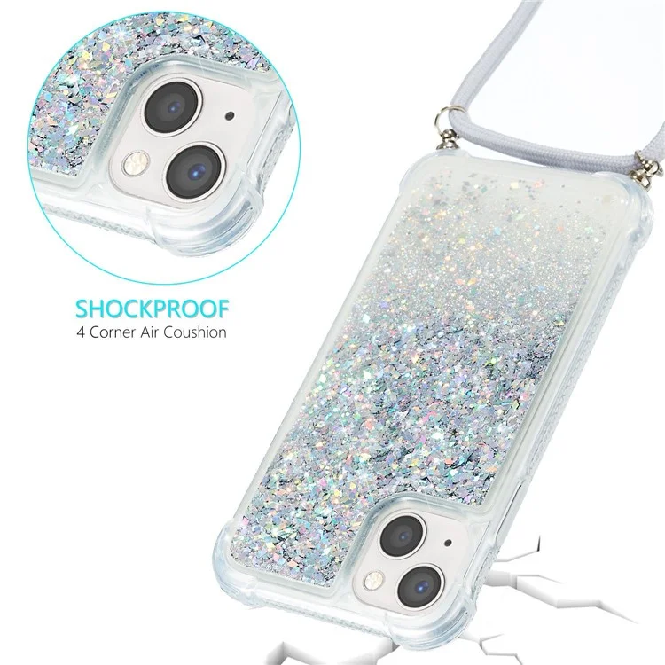 For iPhone 14 6.1 inch Glitter Flowing Liquid Floating Phone Case Quicksand Clear Soft TPU Protective Cover with Adjustable Lanyard - Silver
