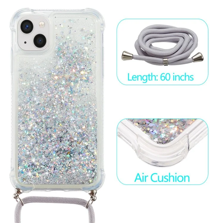 For iPhone 14 6.1 inch Glitter Flowing Liquid Floating Phone Case Quicksand Clear Soft TPU Protective Cover with Adjustable Lanyard - Silver