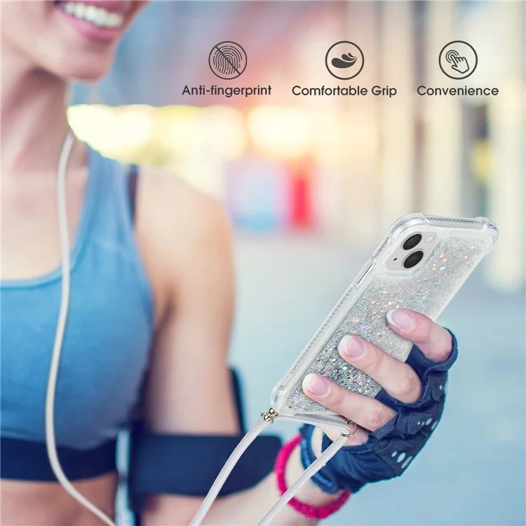 For iPhone 14 6.1 inch Glitter Flowing Liquid Floating Phone Case Quicksand Clear Soft TPU Protective Cover with Adjustable Lanyard - Silver