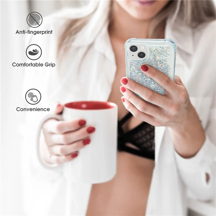 Para iPhone 14 Plus Glitter Quicksand Liquid Phone Case Transparent Flexible TPU Cushion Protective Cover - Plata