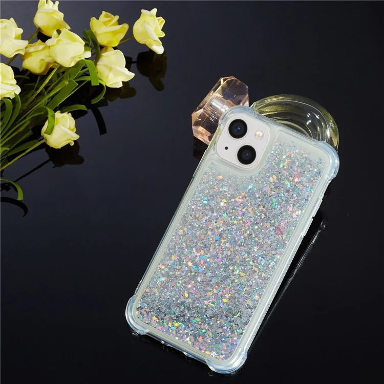Para iPhone 14 Plus Glitter Quicksand Liquid Phone Case Transparent Flexible TPU Cushion Protective Cover - Plata