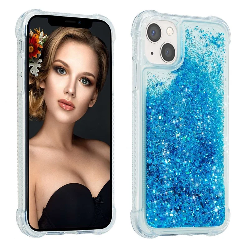 Coque liquide pailletée pour iPhone 14 Plus, coque de protection transparente en TPU souple avec design paillettes mouvantes - Bleu