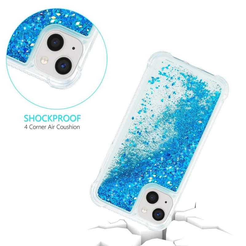 Coque liquide pailletée pour iPhone 14 Plus, coque de protection transparente en TPU souple avec design paillettes mouvantes - Bleu