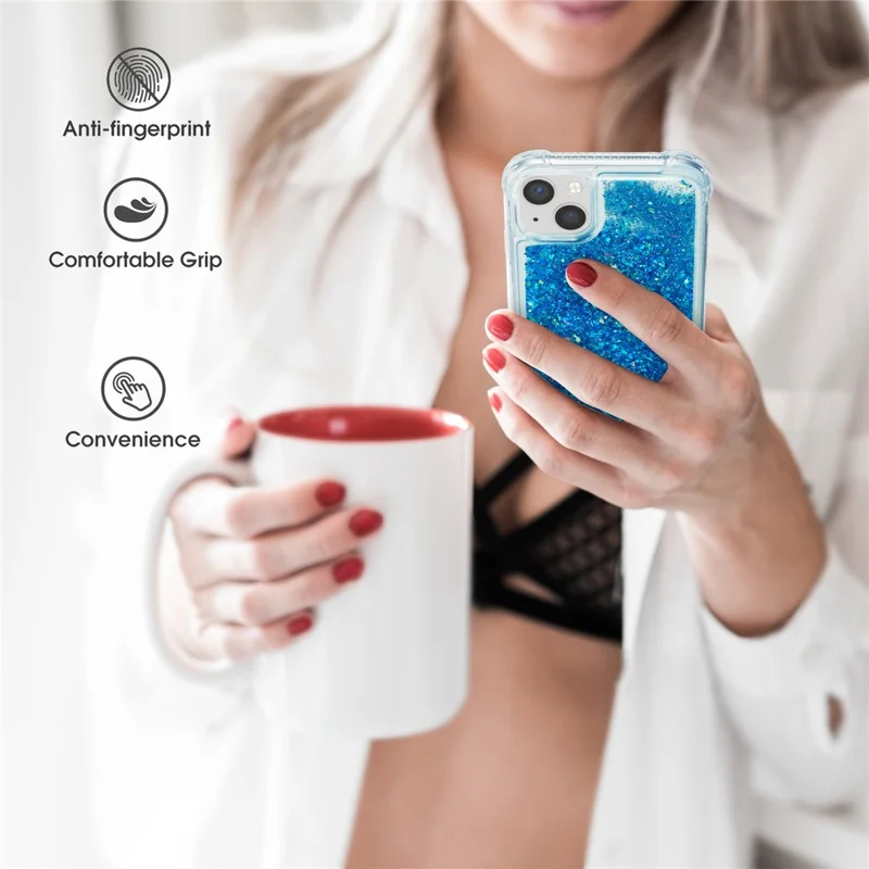 Coque liquide pailletée pour iPhone 14 Plus, coque de protection transparente en TPU souple avec design paillettes mouvantes - Bleu