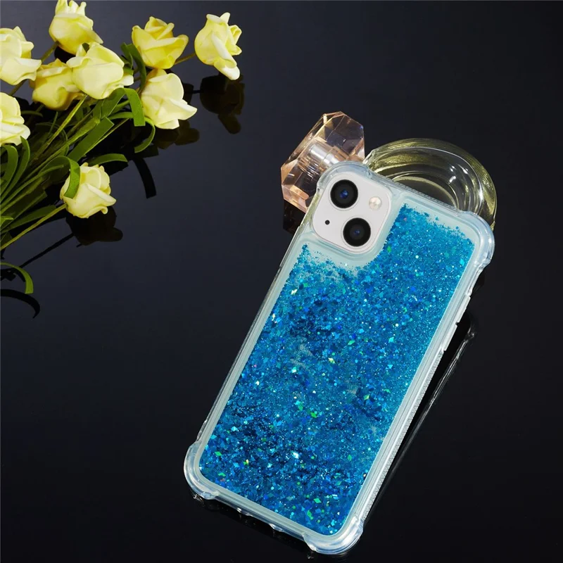 Coque liquide pailletée pour iPhone 14 Plus, coque de protection transparente en TPU souple avec design paillettes mouvantes - Bleu