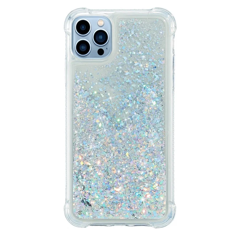 For iPhone 14 Pro Max 6.7 inch Quicksand Flowing Glitter Case Soft TPU Reinforced Corners Protective Back Cover - Silver