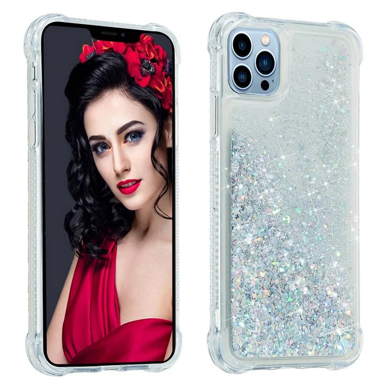 For iPhone 14 Pro Max 6.7 inch Quicksand Flowing Glitter Case Soft TPU Reinforced Corners Protective Back Cover - Silver