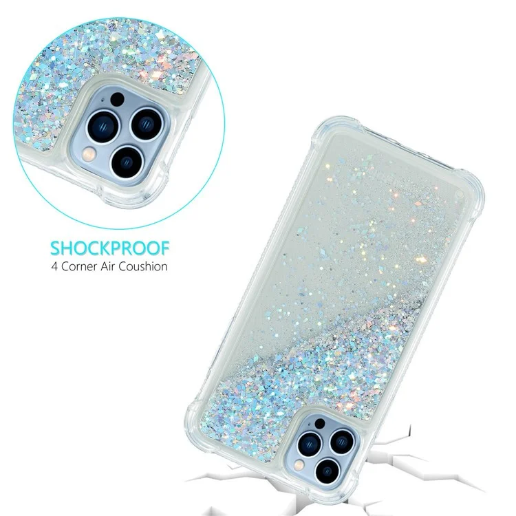 For iPhone 14 Pro Max 6.7 inch Quicksand Flowing Glitter Case Soft TPU Reinforced Corners Protective Back Cover - Silver