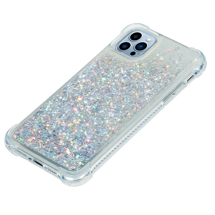 For iPhone 14 Pro Max 6.7 inch Quicksand Flowing Glitter Case Soft TPU Reinforced Corners Protective Back Cover - Silver