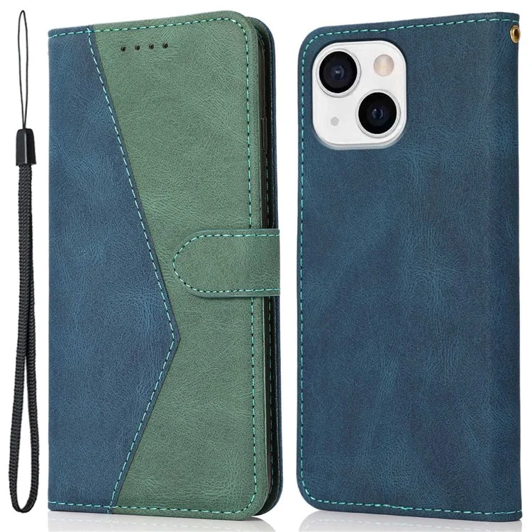 For iPhone 14 Plus Dual-color Splicing PU Leather Wallet Stand Anti-fall Case Cover with Wrist Strap - Blue / Green