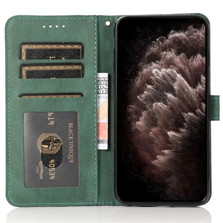 For iPhone 14 Plus Dual-color Splicing PU Leather Wallet Stand Anti-fall Case Cover with Wrist Strap - Blue / Green