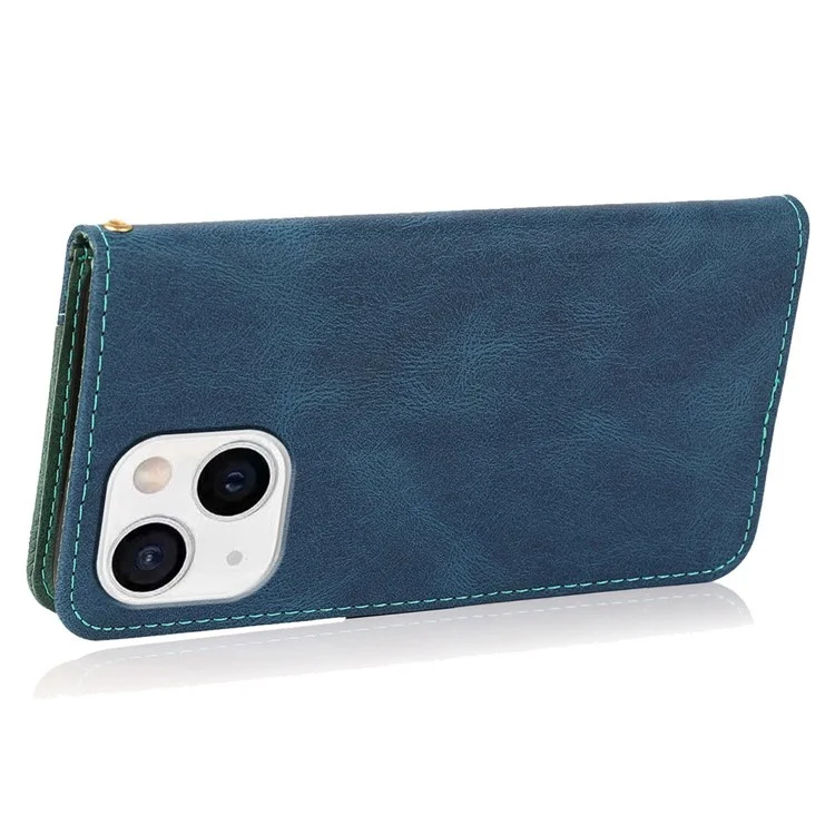 For iPhone 14 Plus Dual-color Splicing PU Leather Wallet Stand Anti-fall Case Cover with Wrist Strap - Blue / Green
