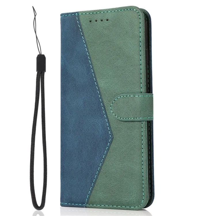 For iPhone 14 Plus Dual-color Splicing PU Leather Wallet Stand Anti-fall Case Cover with Wrist Strap - Blue / Green