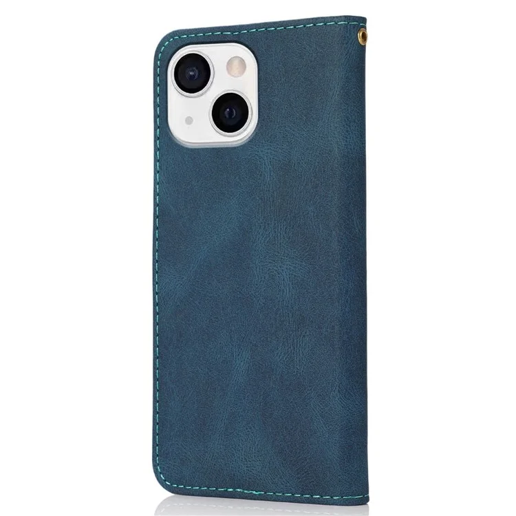 For iPhone 14 Plus Dual-color Splicing PU Leather Wallet Stand Anti-fall Case Cover with Wrist Strap - Blue / Green