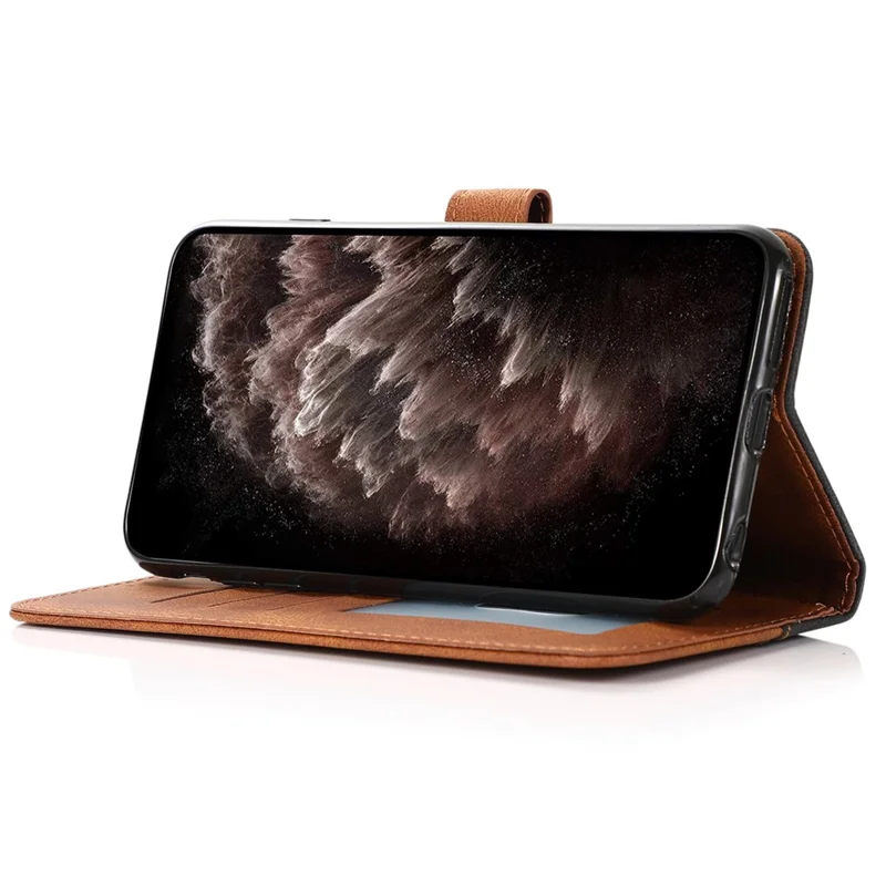 För iPhone 14 Plus tvåfärgat sammansatt plånbokshölse i PU-läder med ställfunktion och handledsband mot fallskador - Svart/brun