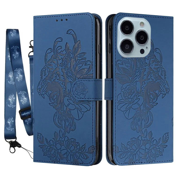 Для Iphone 14 Pro Max 6,7 -дюймовый Импринтинг Tiger Head Cute Leather Pulte Protection Cash Case Cover Кошелька с Помощью Запястья Ремешка - Сапфир