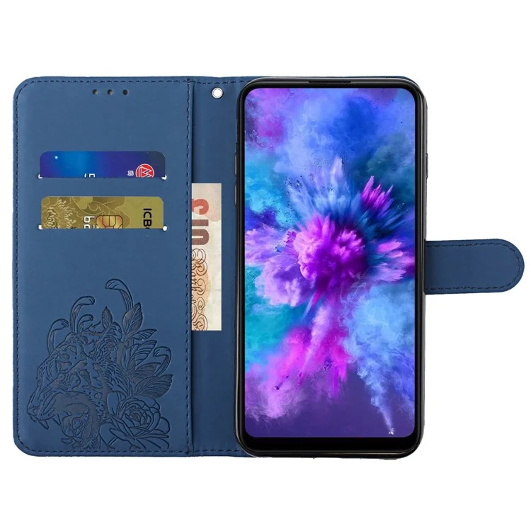 Для Iphone 14 Pro Max 6,7 -дюймовый Импринтинг Tiger Head Cute Leather Pulte Protection Cash Case Cover Кошелька с Помощью Запястья Ремешка - Сапфир