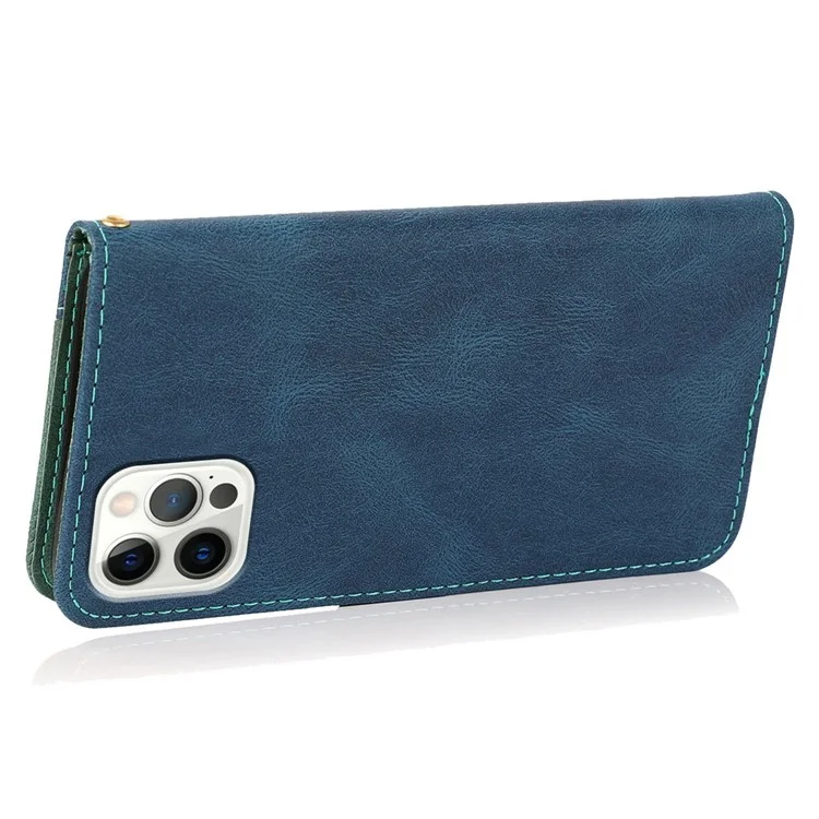 Para iPhone 14 Pro 6.1 polegadas Resistente a Impactos Dual-color Splicing PU Leather Wallet Stand Case Cover com Alça de Pulso - Azul / Verde