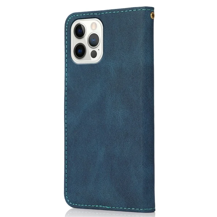 Para iPhone 14 Pro 6.1 polegadas Resistente a Impactos Dual-color Splicing PU Leather Wallet Stand Case Cover com Alça de Pulso - Azul / Verde