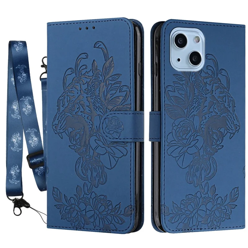 For iPhone 14 Plus Tiger Pattern Imprinting PU Leather Full Protection Phone Case Stand Wallet Cover with Strap - Sapphire