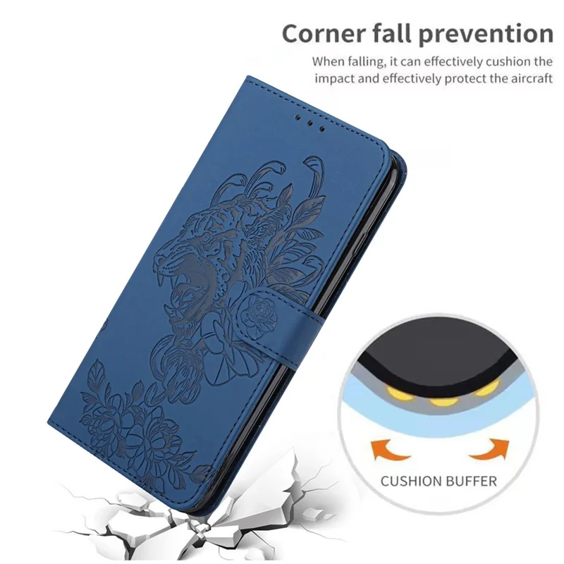 For iPhone 14 Plus Tiger Pattern Imprinting PU Leather Full Protection Phone Case Stand Wallet Cover with Strap - Sapphire