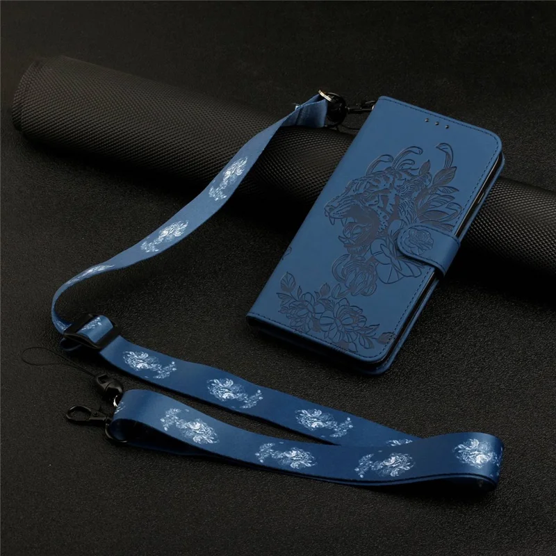 For iPhone 14 Plus Tiger Pattern Imprinting PU Leather Full Protection Phone Case Stand Wallet Cover with Strap - Sapphire