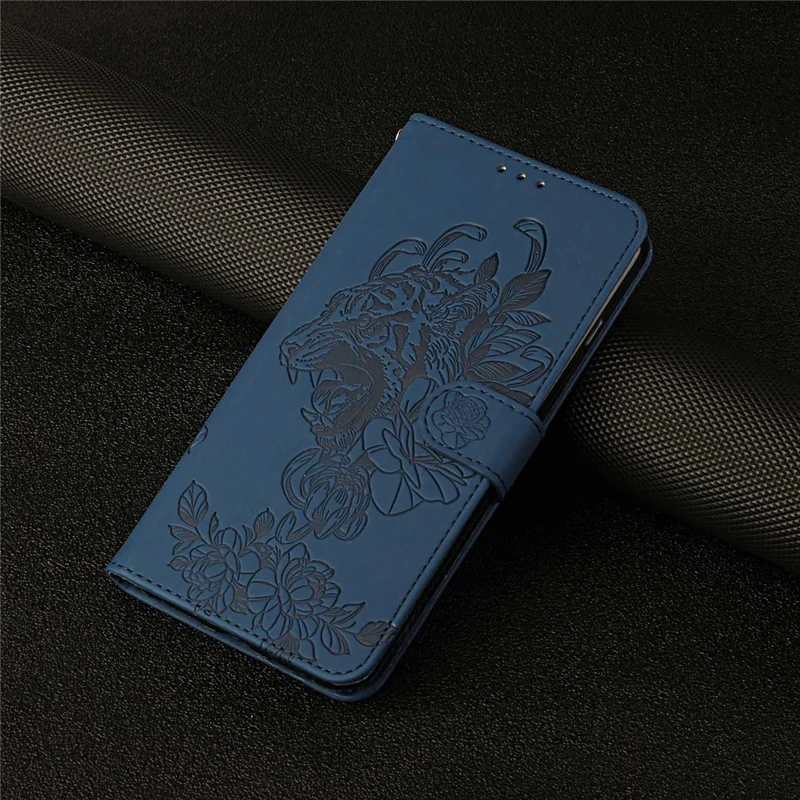 For iPhone 14 Plus Tiger Pattern Imprinting PU Leather Full Protection Phone Case Stand Wallet Cover with Strap - Sapphire