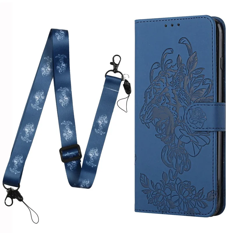 For iPhone 14 Plus Tiger Pattern Imprinting PU Leather Full Protection Phone Case Stand Wallet Cover with Strap - Sapphire