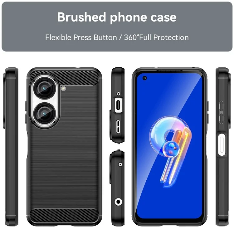 Для Asus Zenfone 9 5G Прочный чехол для сотового телефона из ТПУ Текстура из углеволокна Щёточная поверхность Износостойкая крышка - Чёрный