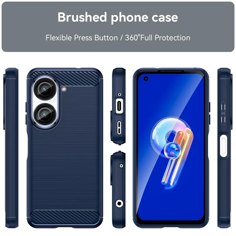 For Asus Zenfone 9 5G Durable TPU Cell Phone Case Carbon Fiber Texture Brushed Surface Wear-resistant Cover - Blue