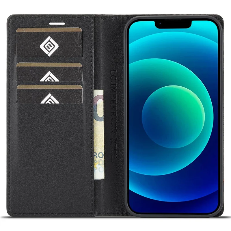 LC.IMEEKE för iPhone 14 Plus Kolfiberstruktur Plånbok Ställbara Design PU-läder Magnetisk Automatisk Stängnings Mobilskal - Vertikal Strimmönster