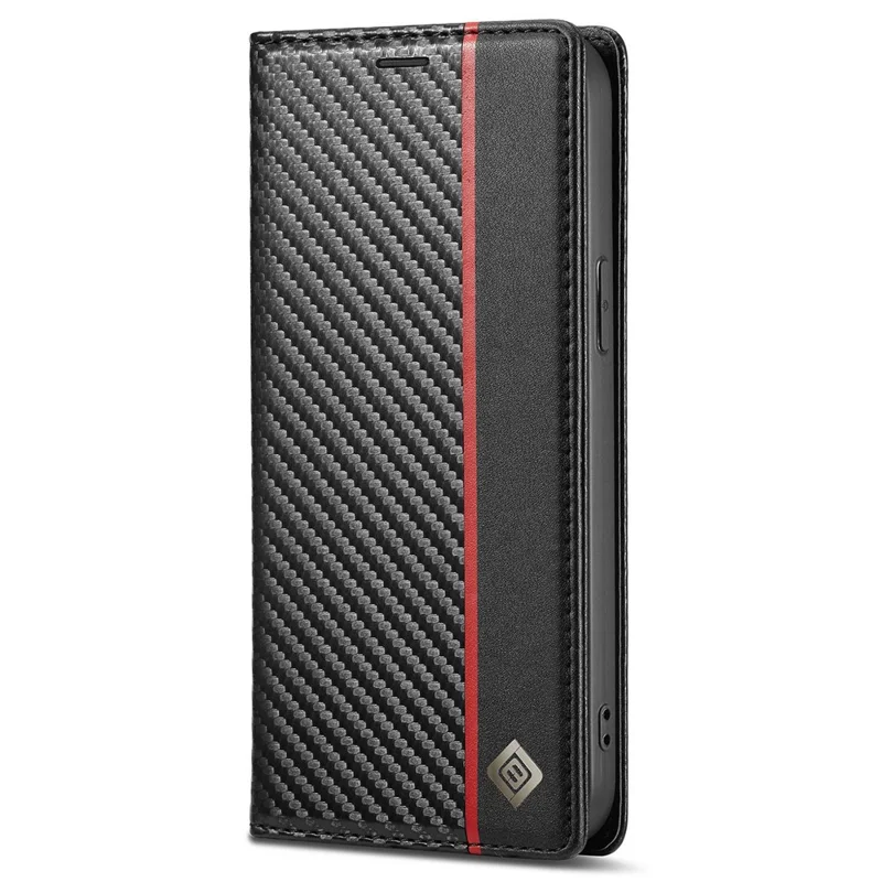 LC.IMEEKE för iPhone 14 Plus Kolfiberstruktur Plånbok Ställbara Design PU-läder Magnetisk Automatisk Stängnings Mobilskal - Vertikal Strimmönster