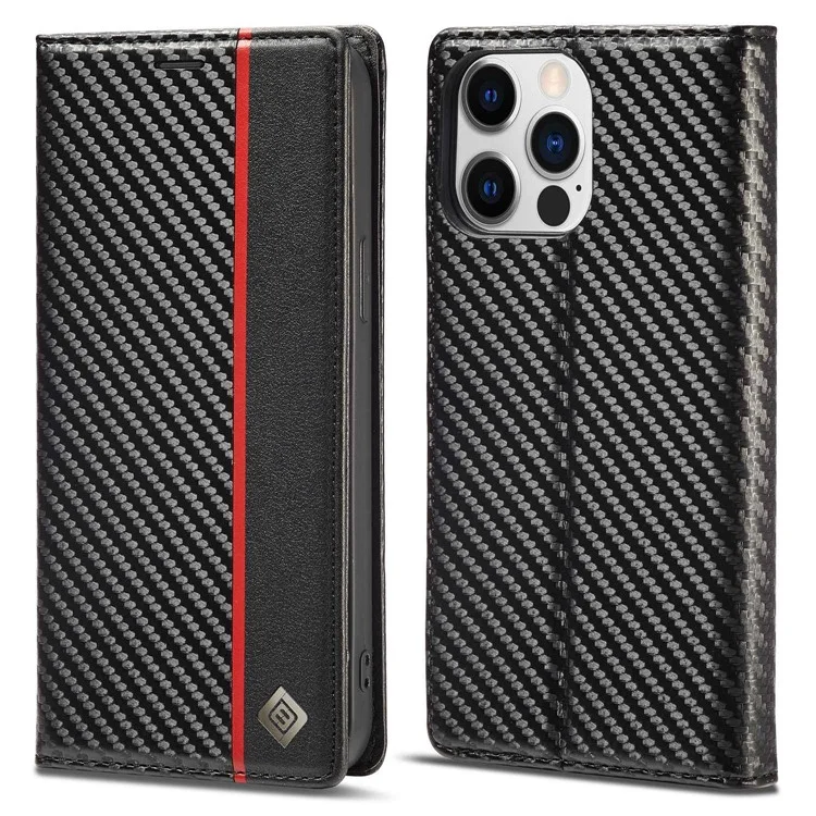 Lc. Imeeke Para Iphone 14 Pro Max 6.7 Pulgadas Textura de Fibra de Carbono PU Puero Case de Fragmento de Choque Auto Magnético Flip Soport Cover Cover de la Billetera - Franja Vertical